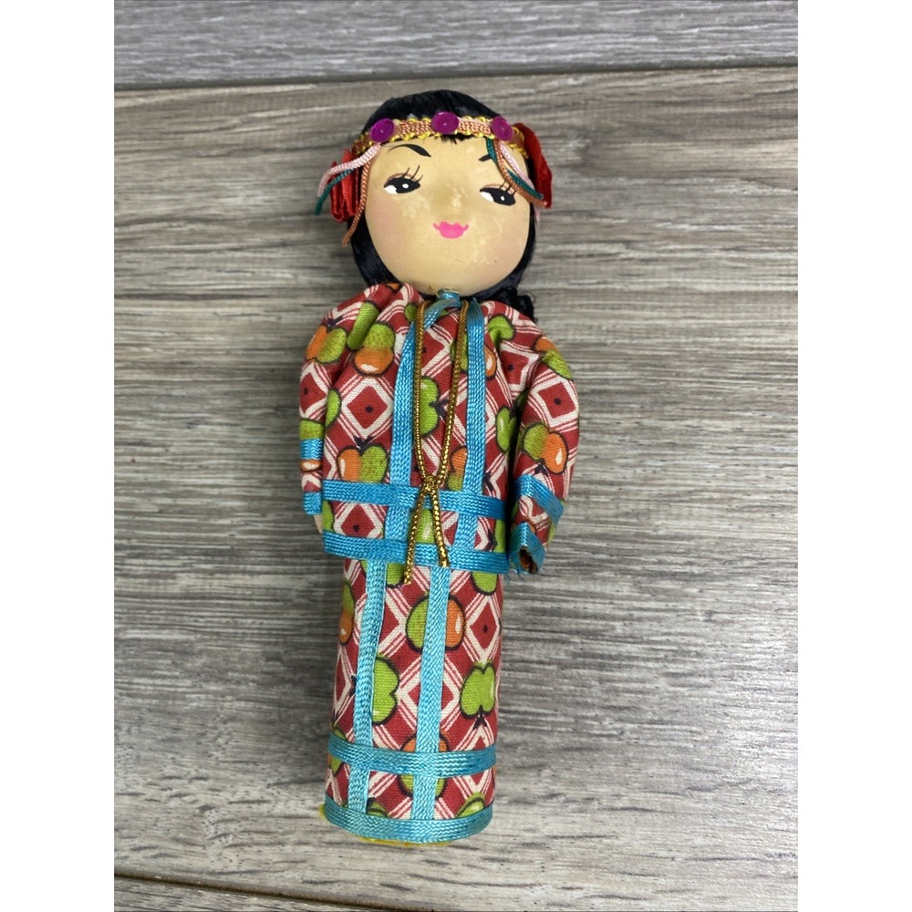 Vintage Asian Cloth Folk Doll Traditional Dress Apple Print Blue Trim 7 Inch